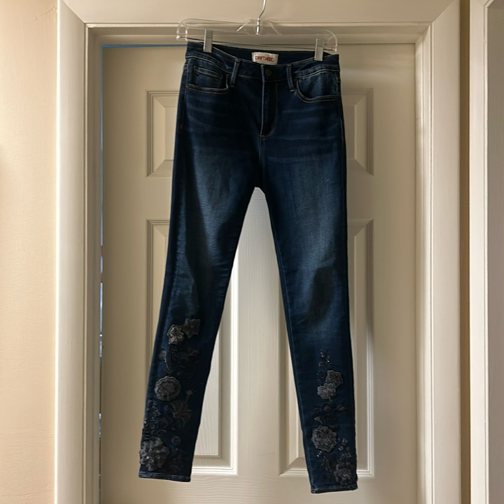 DRIFTWOOD Dark Blue Skinny Jeans with Floral Embroidery